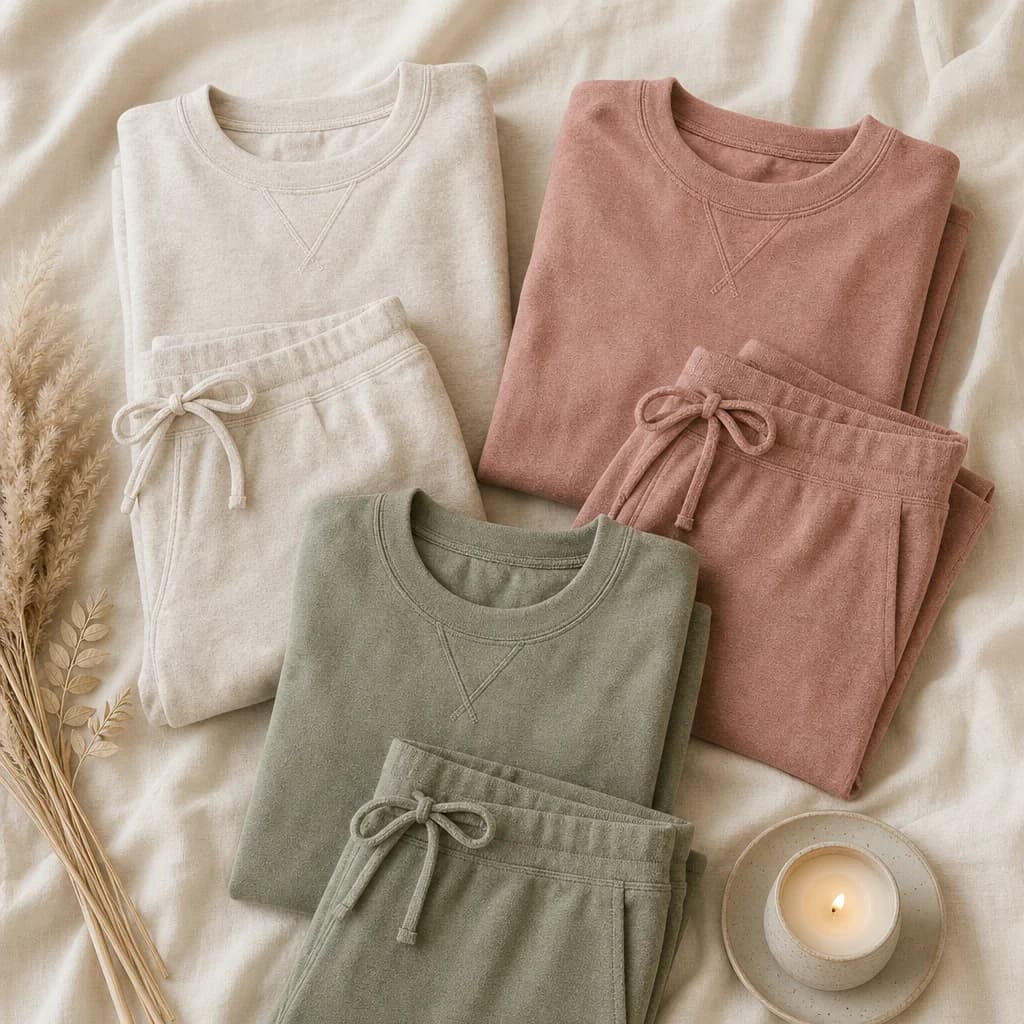 Soft loungewear sets in earthy tones laid flat on linen